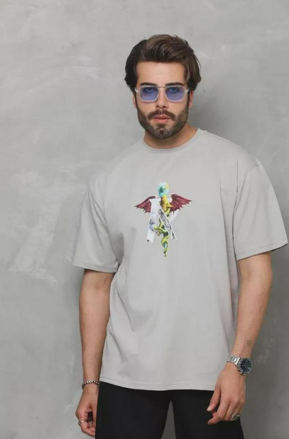 Unisex Bisiklet Yaka Baskılı Oversize T-Shirt