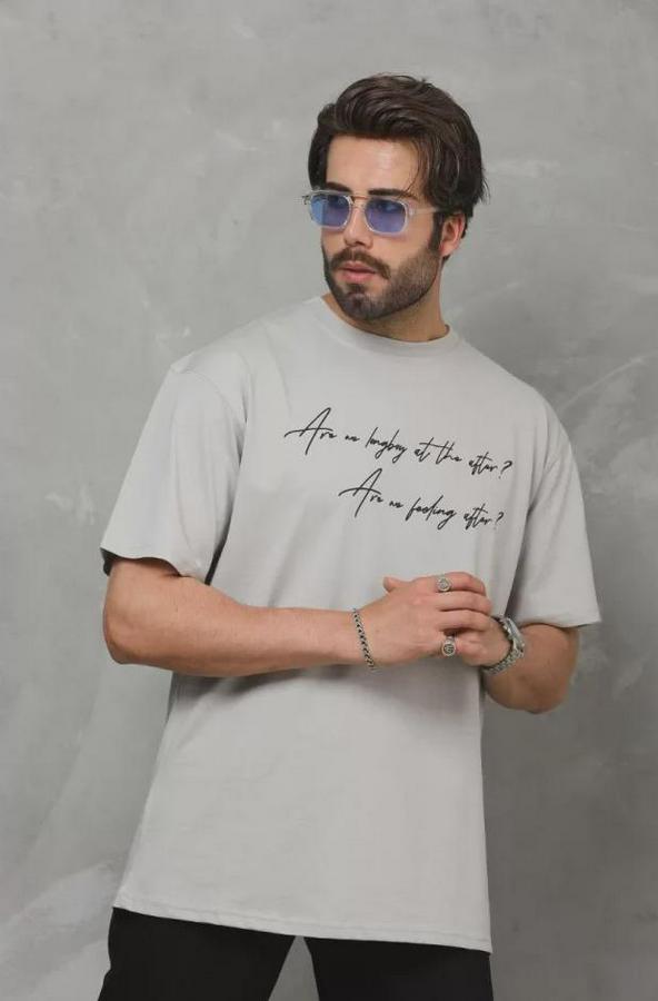 Unisex Bisiklet Yaka Baskılı Oversize T-Shirt