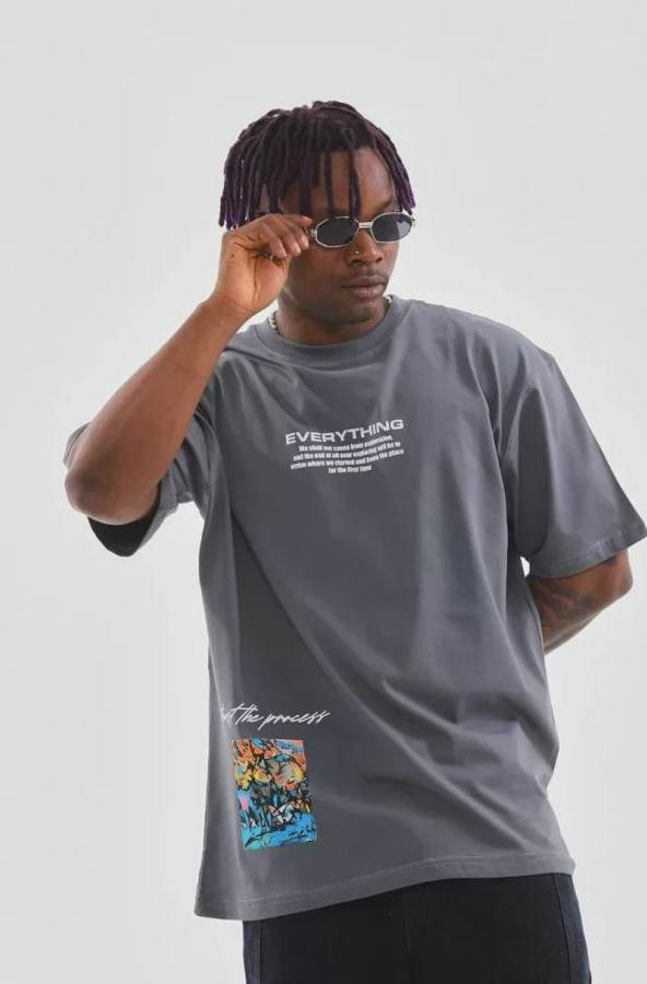 Unisex Bisiklet Yaka Baskılı Oversize T-Shirt