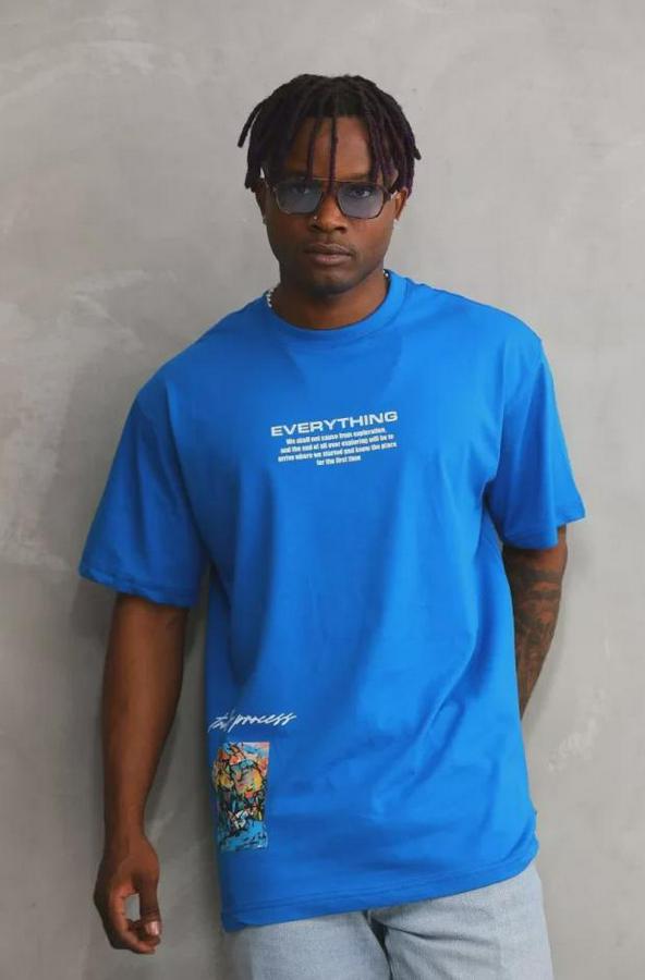 Unisex Bisiklet Yaka Baskılı Oversize T-Shirt