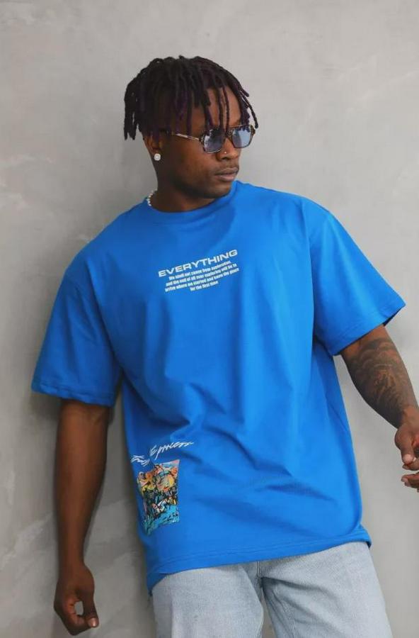 Unisex Bisiklet Yaka Baskılı Oversize T-Shirt