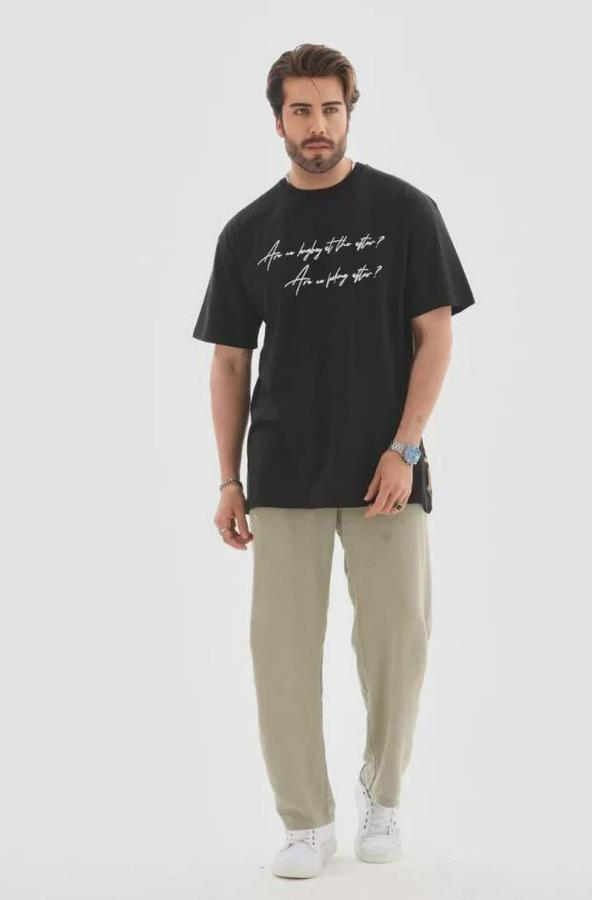 Unisex Bisiklet Yaka Baskılı Oversize T-Shirt