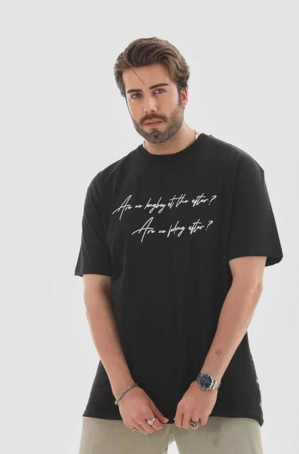 Unisex Bisiklet Yaka Baskılı Oversize T-Shirt