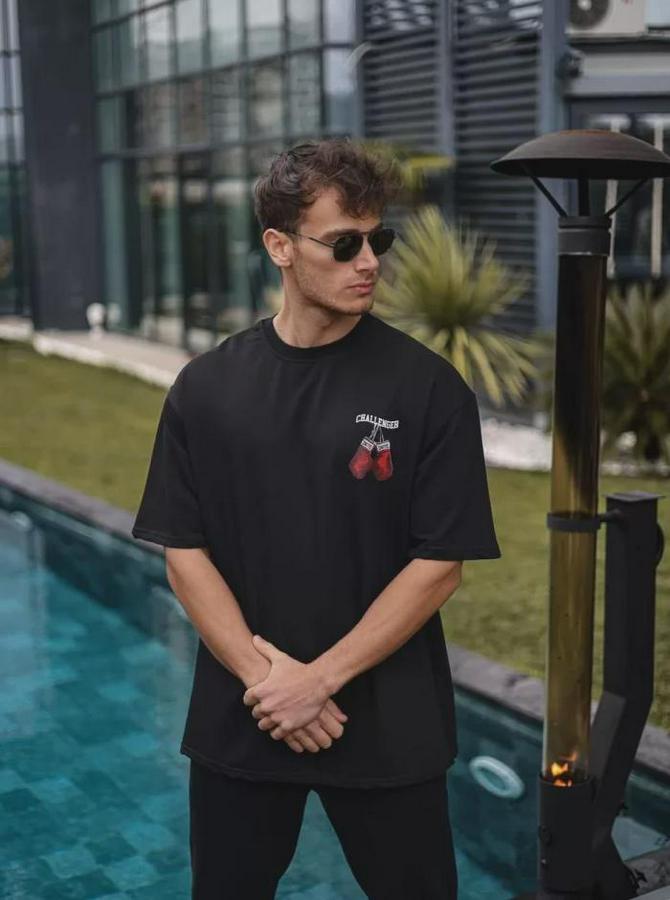 Unisex Bisiklet Yaka Baskılı Oversize T-Shirt
