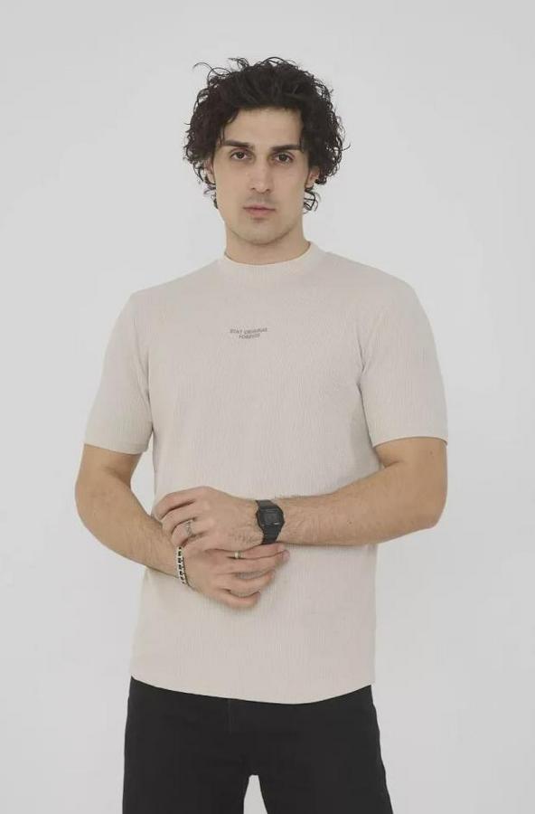 Unisex Bisiklet Yaka Slim Fit T-Shirt- Bej