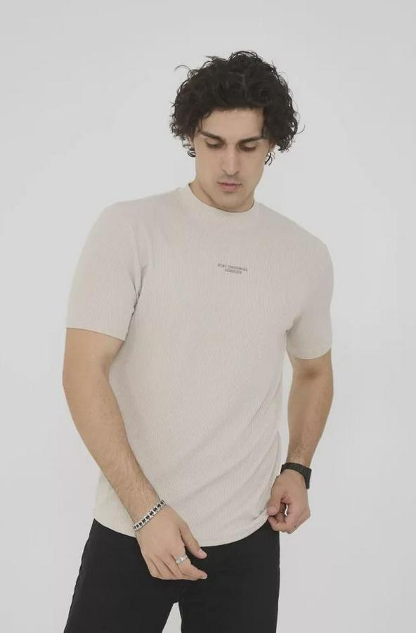 Unisex Bisiklet Yaka Slim Fit T-Shirt- Bej