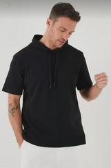 Unisex Kapşonlu Kısa Kol Düz Oversize T-Shirt
