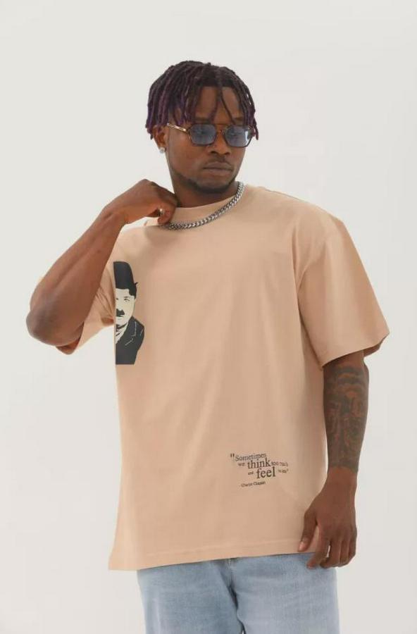 Unisex Oversize Baskılı Bisiklet Yaka T-Shirt