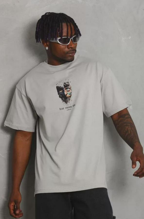 Unisex Oversize Baskılı Bisiklet Yaka T-Shirt