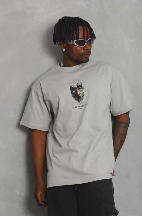 Unisex Oversize Baskılı Bisiklet Yaka T-Shirt