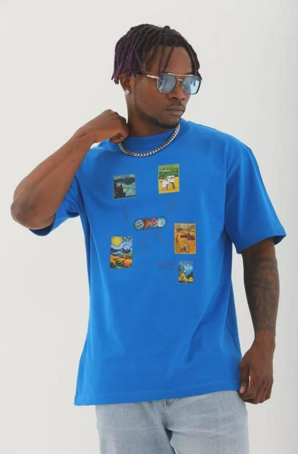 Unisex Oversize Baskılı Bisiklet Yaka T-Shirt