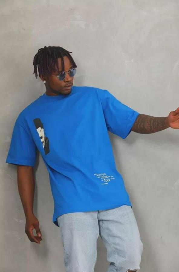 Unisex Oversize Baskılı Bisiklet Yaka T-Shirt