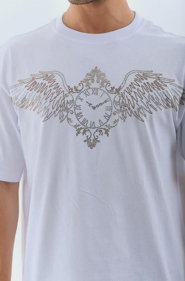 Unisex Oversize Taşlı Bisiklet Yaka T-Shirt