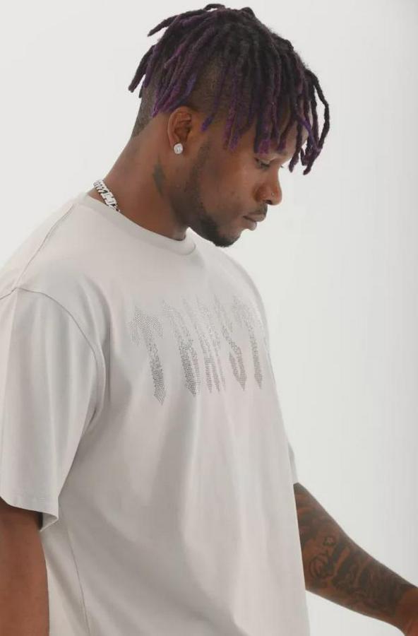 Unisex Oversize Taşlı Bisiklet Yaka T-Shirt