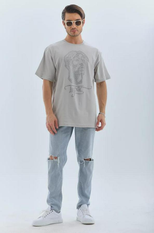 Unisex Oversize Taşlı Bisiklet Yaka T-Shirt