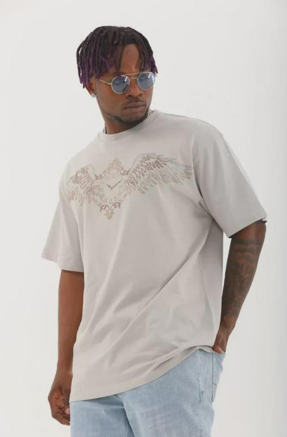 Unisex Oversize Taşlı Bisiklet Yaka T-Shirt