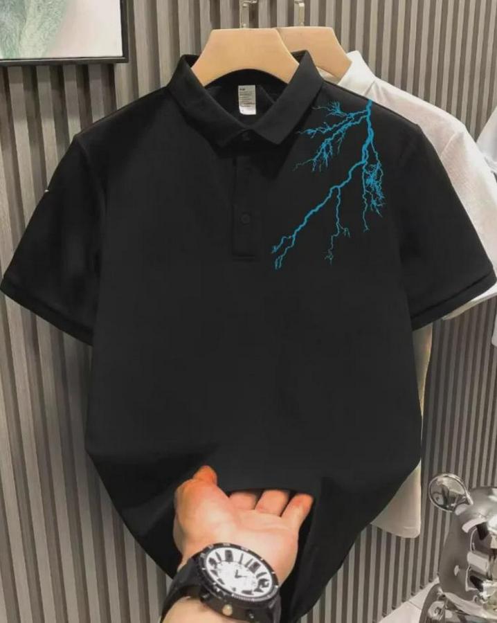 Unisex Yakası Düğmeli Oversize Baskılı T-Shirt