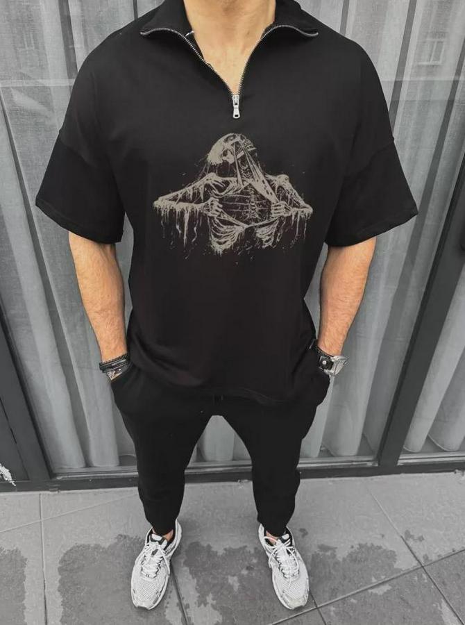 Unisex Yarım Fermuarlı Baskılı Oversize T-Shirt