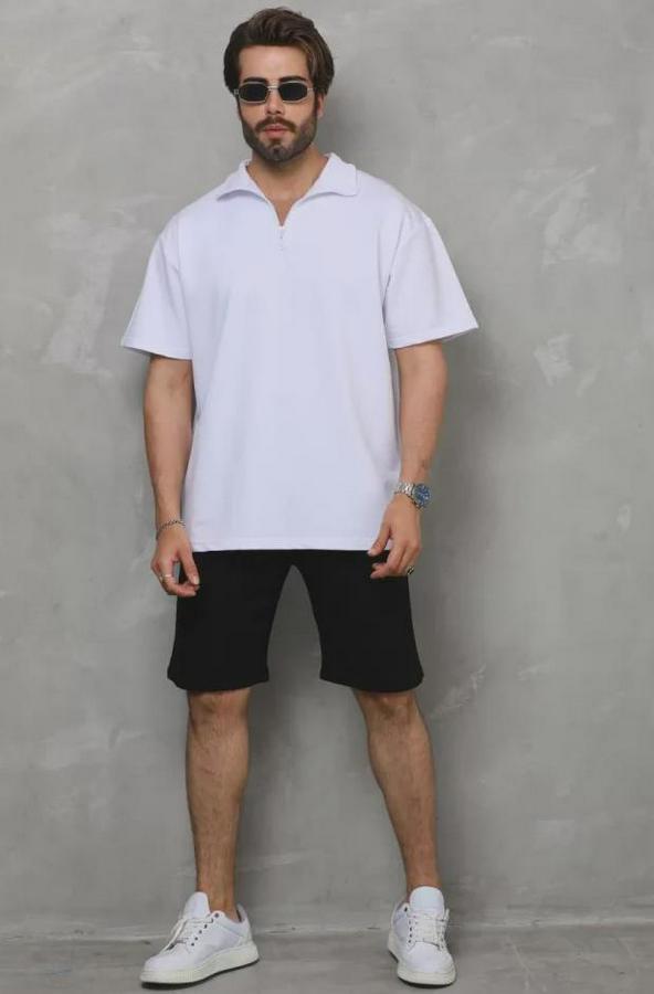 Unisex Yarım Fermuarlı Düz Oversize T-Shirt