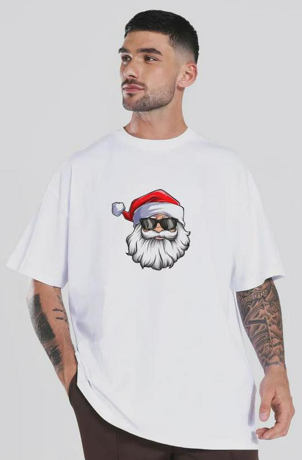 Yılbaşı Gözlüklü Noel Baba Baskılı Kısa Kollu Oversize Bisiklet Yaka T-Shirt