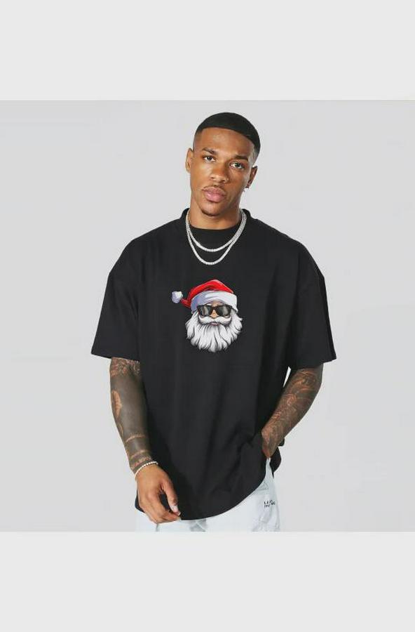 Yılbaşı Gözlüklü Noel Baba Baskılı Kısa Kollu Oversize Bisiklet Yaka T-Shirt
