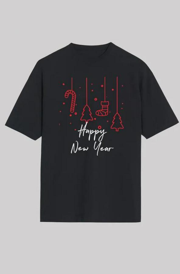 Yılbaşı Happy New Year Baskılı Kısa Kollu Oversize Bisiklet Yaka T-Shirt
