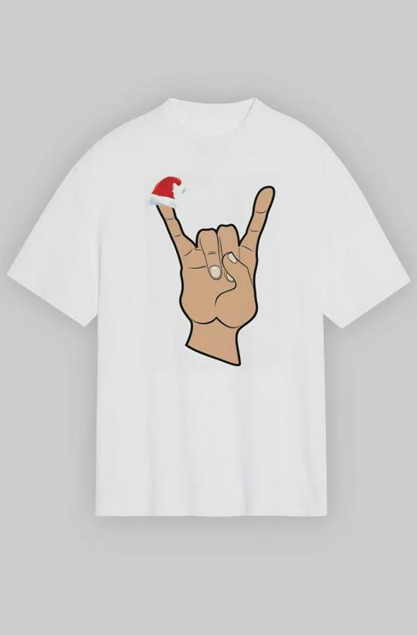 Yılbaşı Noel Başlıklı Serçe Parmak Baskılı Oversize Bisiklet Yaka T-Shirt