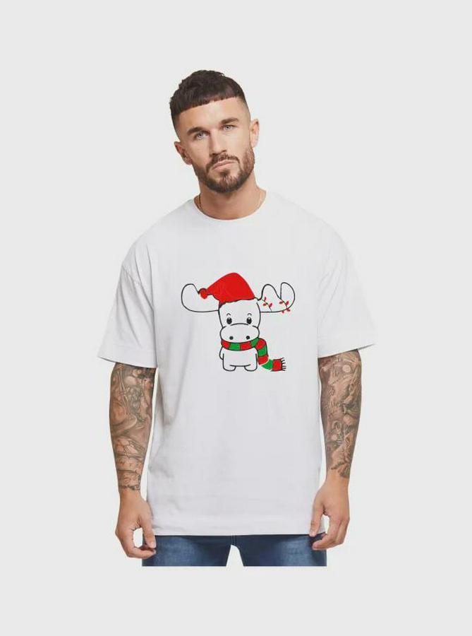 Yılbaşı Noel Ren Geyiği Baskılı Kısa Kollu Oversize Bisiklet Yaka T-Shirt