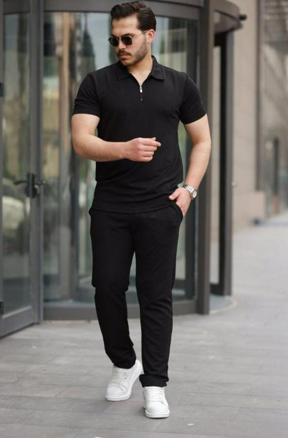 Kısa Kollu Önden Fermuarlı Janjan Krep Bluz Ve Pantolon Ikili Takım