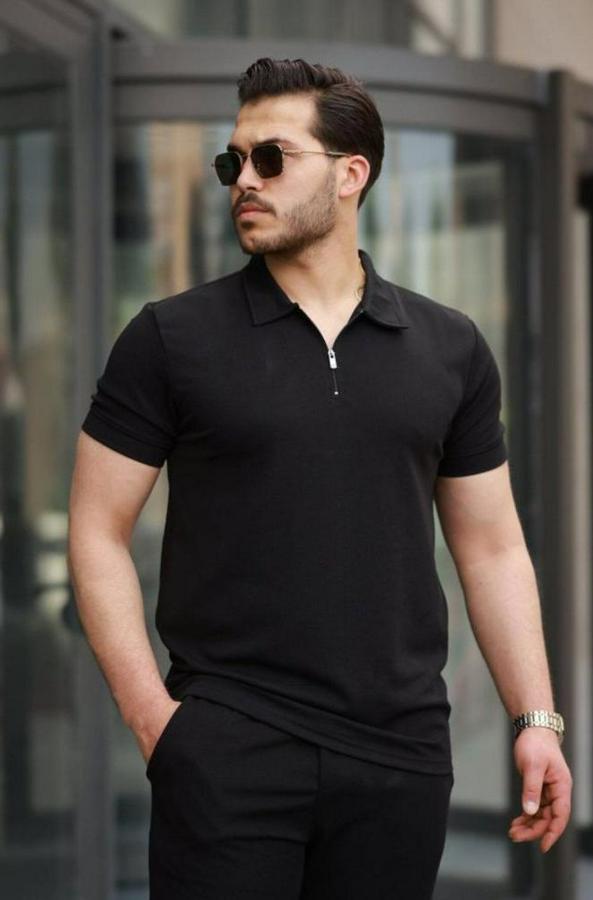 Kısa Kollu Önden Fermuarlı Janjan Krep Bluz Ve Pantolon Ikili Takım