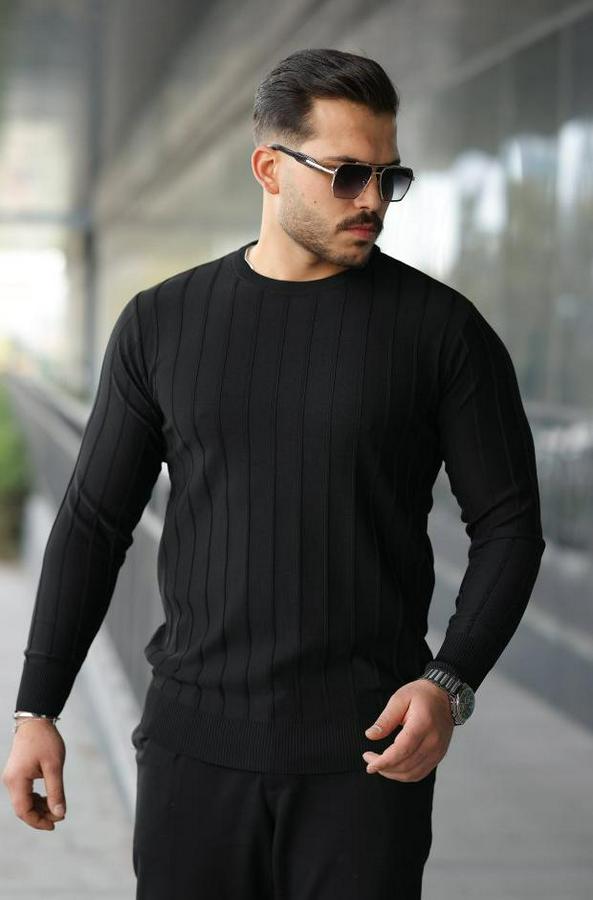 Bisiklet Yaka Çizgi Kabartmalı Uzun Kollu Triko