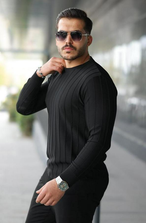 Bisiklet Yaka Çizgi Kabartmalı Uzun Kollu Triko