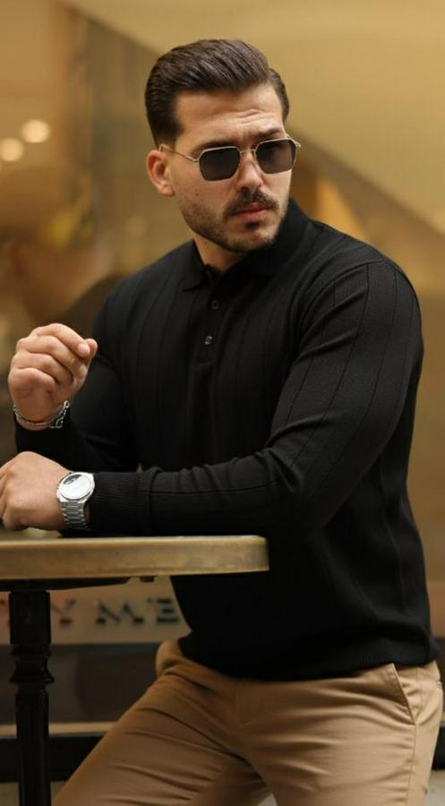 Düğmeli Yaka Çizgi Dokulu Uzun Kollu Triko