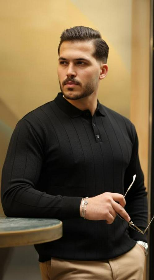 Düğmeli Yaka Çizgi Dokulu Uzun Kollu Triko