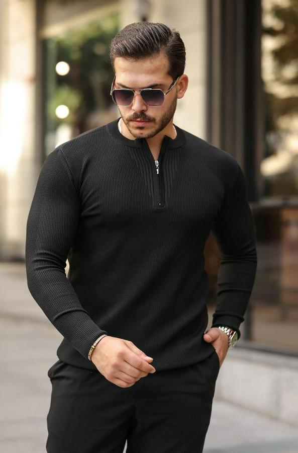 Fermuarlı Bisiklet Yaka Dokulu Uzun Kollu Triko