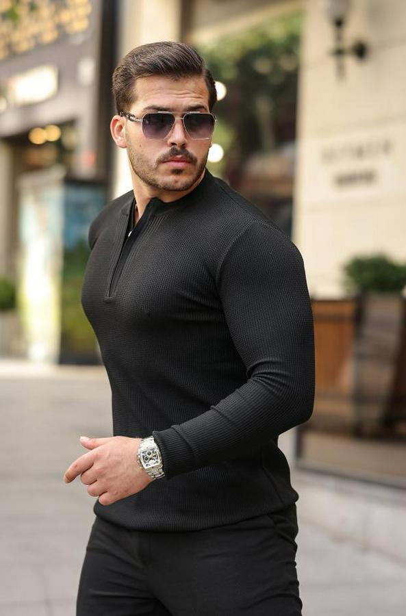 Fermuarlı Bisiklet Yaka Dokulu Uzun Kollu Triko