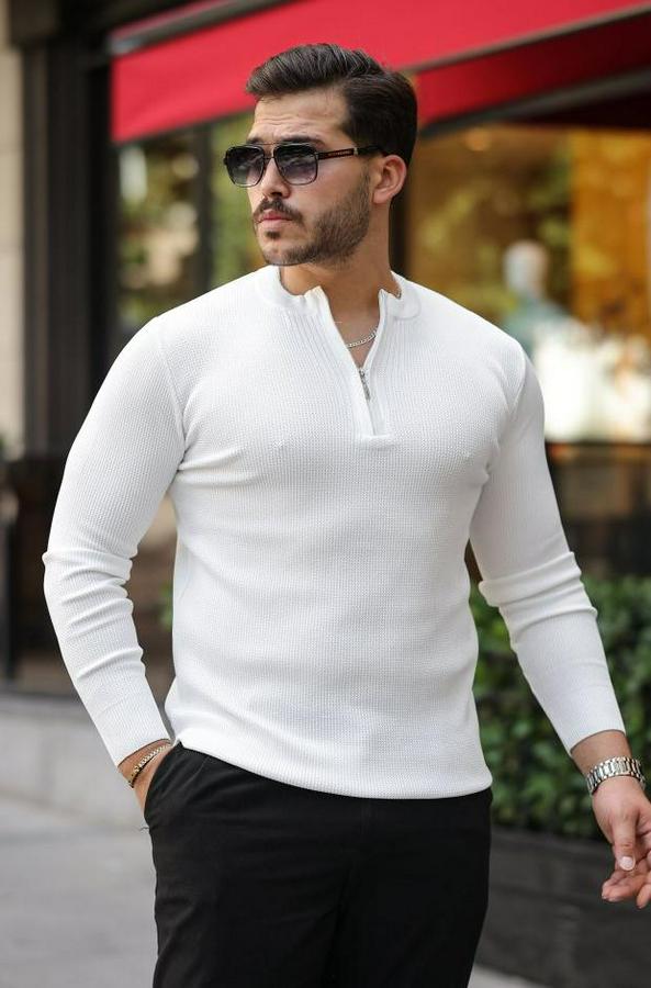 Fermuarlı Bisiklet Yaka Dokulu Uzun Kollu Triko