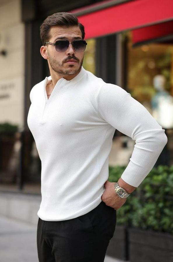 Fermuarlı Bisiklet Yaka Dokulu Uzun Kollu Triko