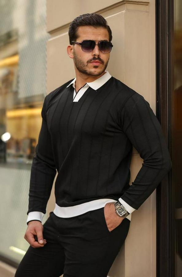 Renkli Yaka Manşet Uzun Kollu Triko