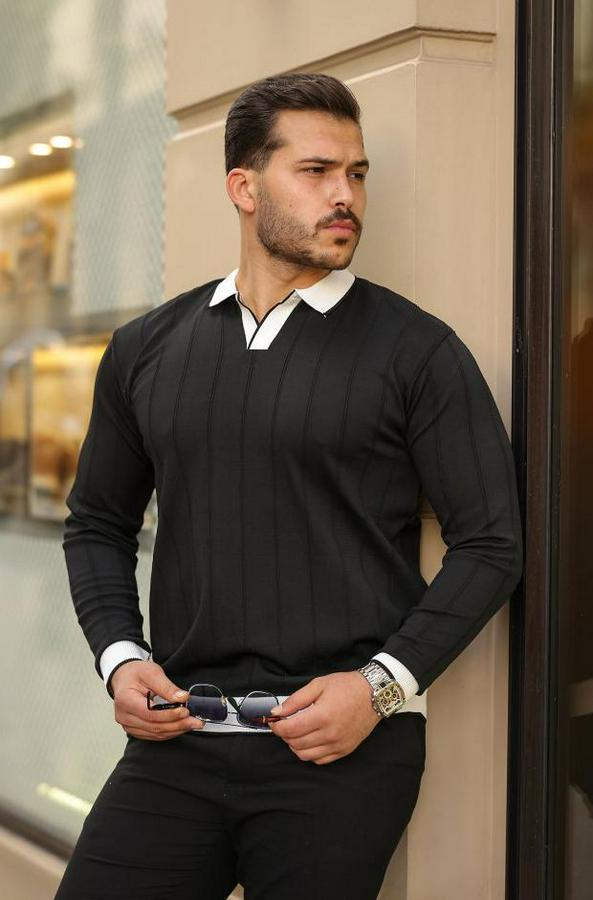 Renkli Yaka Manşet Uzun Kollu Triko