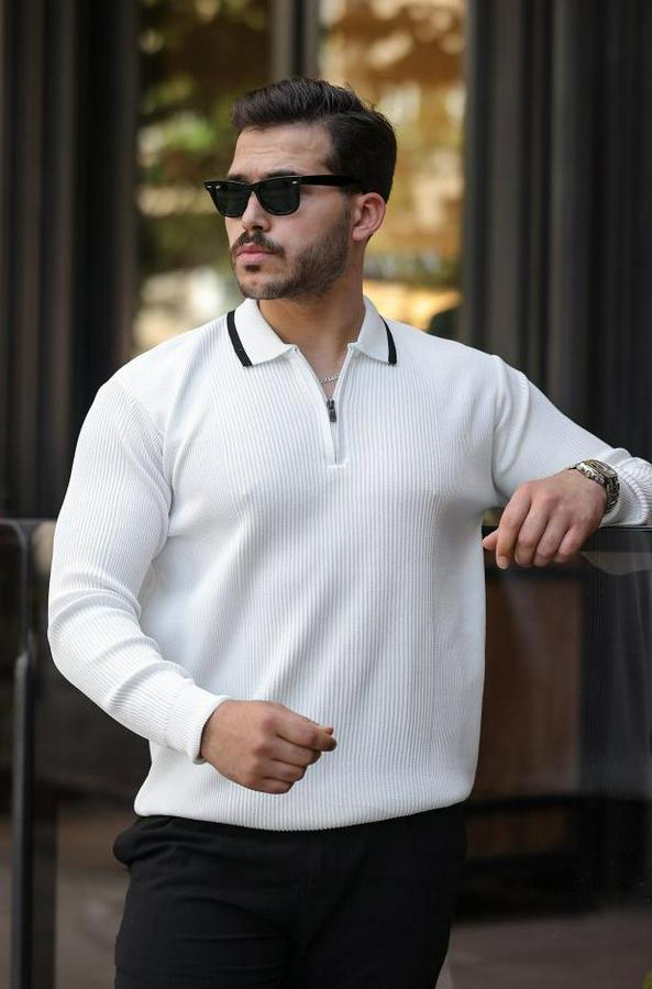 Yakaları Çizgi Detaylı Selanik Örme Triko