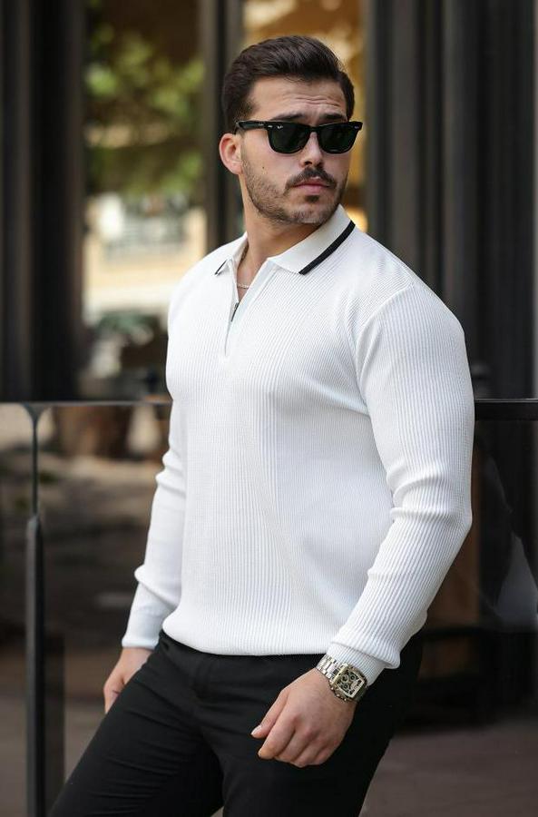 Yakaları Çizgi Detaylı Selanik Örme Triko