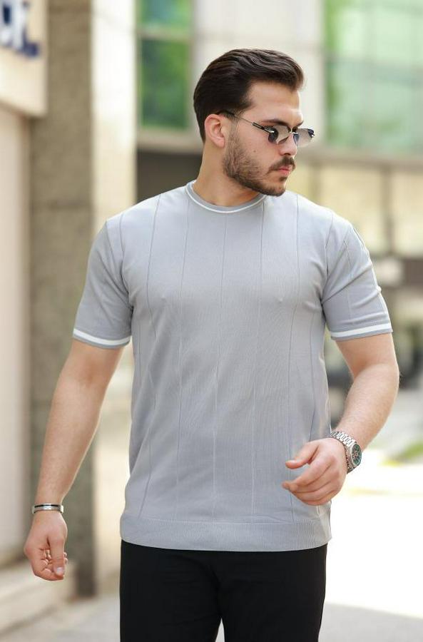 Bisiklet Yaka Çizgi Desenli Ribanalı Kısa Kollu Tshirt