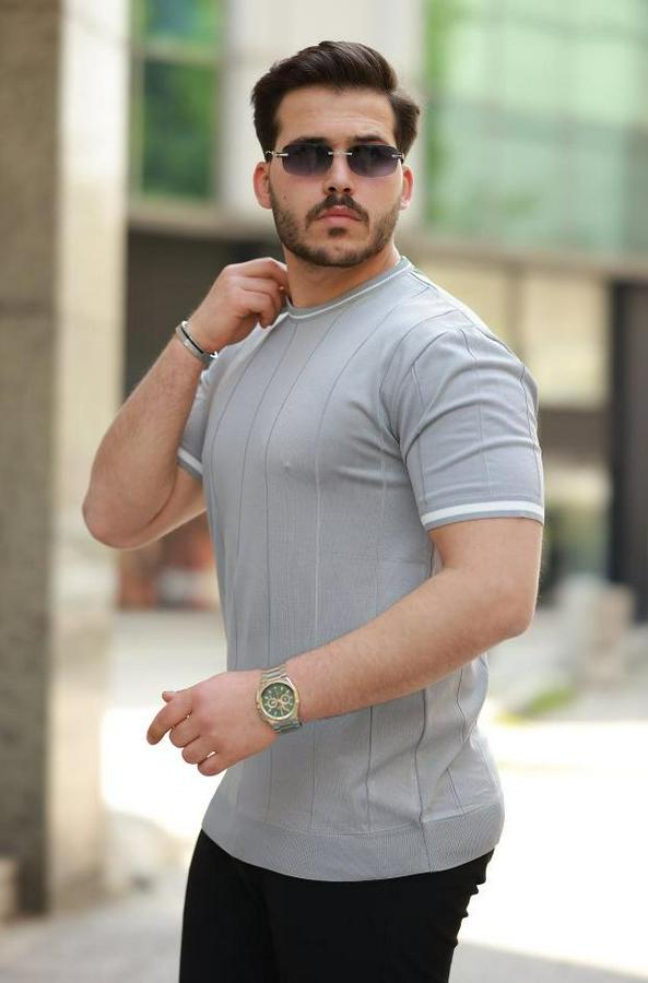 Bisiklet Yaka Çizgi Desenli Ribanalı Kısa Kollu Tshirt