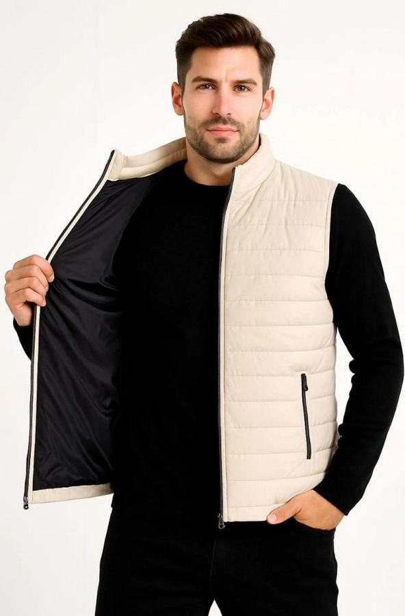 Şişme Fermuarlı Yelek Su Itici Kapitone Astarlı Kumaş Cepli Hafif Kışlık Spor Rahat Kalıp -Bej