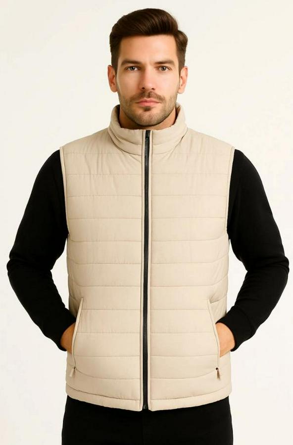 Şişme Fermuarlı Yelek Su Itici Kapitone Astarlı Kumaş Cepli Hafif Kışlık Spor Rahat Kalıp -Bej