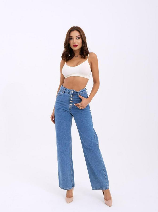 Denim Buttoned Wide Keg-Mavi