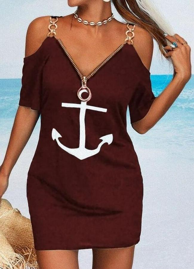 Fermuar Detay Çıpa Baskılı Zincir Askılı Iki Iplik Elbise