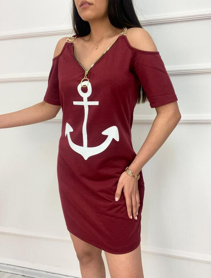 Fermuar Detay Çıpa Baskılı Zincir Askılı Iki Iplik Elbise