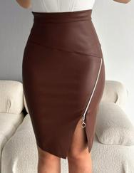 Fermuarlı Deri Kumaş Mini Etek